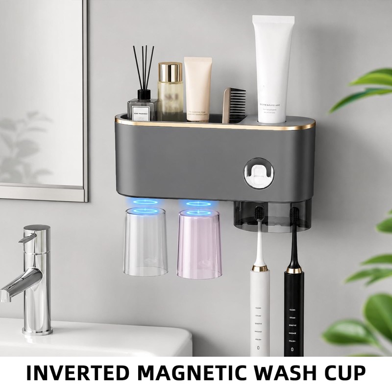 Bathroom Toothbrush Holder —Wall-Mounted Toothbrush Organizer (with Automatic Toothpaste Dispenser),