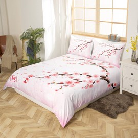 Cherry Blossoms Bedding Set Japanese Style Romantic Theme Pink Comforter Cover Set Botanical Floral Printed Duvet Cover with Zipper Ties Women Girls boys Couple Teen Soft Bedspread, Single Size