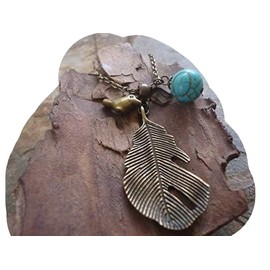 ✿ Blatt, Vogel & Howlite - lange Kette ✿ bronze Kette