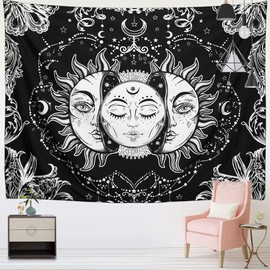 ARFBEAR Sun and Moon Tapestry, Burning Sun with Stars Psychedelic Popular Mystic Wall Hanging Tapestry Black and White Beach Blanket (59 x 59 in)