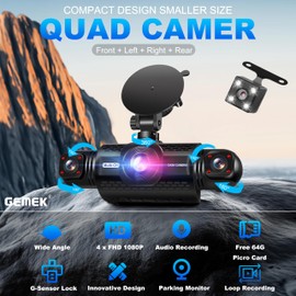 360 Degree View 4 Channel Dash Cam Front and Rear Inside Left Right, GEMEK Dash Camera for Cars FHD 1080P Free 64GB TF Card, Multi-Ch Dash Camera for Cars,Night Vision, 24H Parking Mode