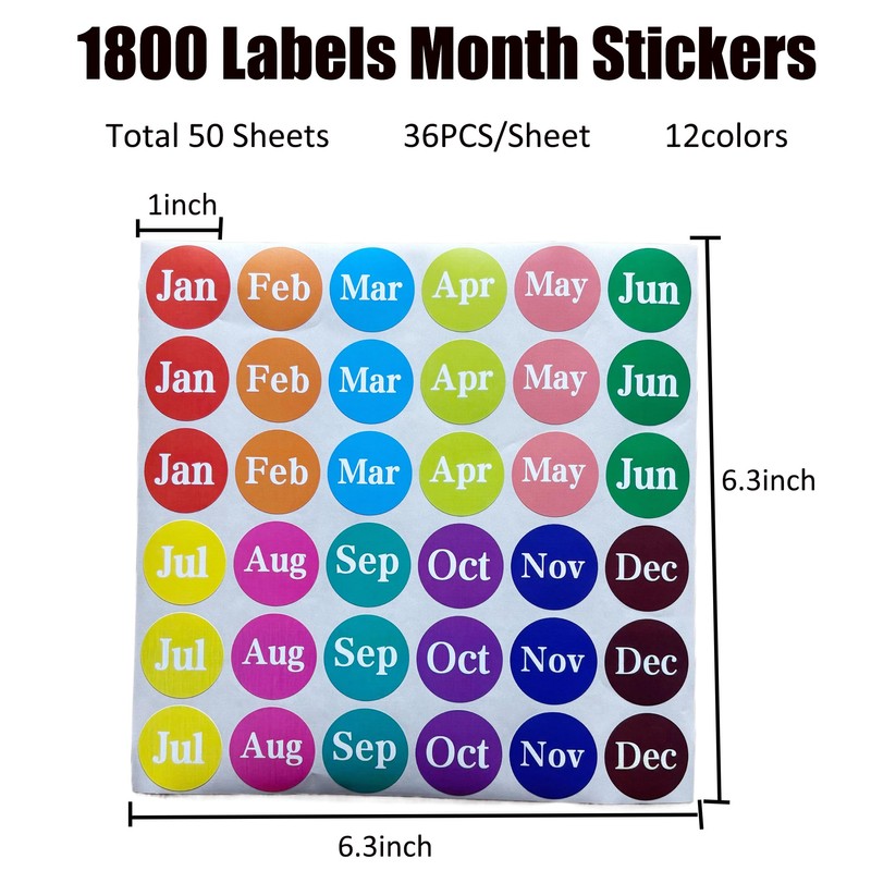 1800 Monthly Color Coding Labels, 12 Months of The Year