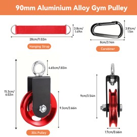 Aluminium Pulley 90 mm, Pulley with U Retaining Bracket, Block Pulley for Ropes, Pulley for DIY Gym, Pulley Fitness Equipment, Cable Machine, Wire Rope Pulley, Carabiner Hook (Max: 300 kg)