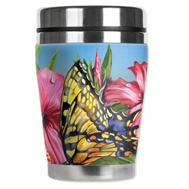 Mugzie Yellow Butterfly "Mini" Travel Mug with Insulated Wetsuit Cover, 12 oz, Black