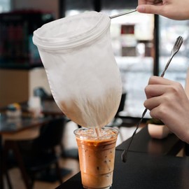 SNAIL GARDEN Thai Tea Filter Stainless Steel - with 2Pcs Replacement Coffee Tea Filter Bags+1 Mixing Bar Spoon, 5.4" Large Thai Tea Cotton Strainer with Handle & Zipper, Reusable Coffee Strainer