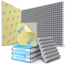 12 Pack Pyramid Sound Proof Foam Panels for Walls with Updated Self-Adhesive 2"X12"X12" High Density Acoustic Panels Sound Absorbing Fast-Expanding Soundproof Wall Panels for Gaming Studio Decor- Gray