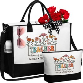 Best Teacher Appreciation Gifts for Women, End of Year Teacher Gifts from Student, Retirement Birthday Thank You Gifts Set for Teachers w/ Canvas Tote Bag & Makeup Bag Funny Daycare Teacher Gifts
