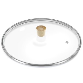 13 inch Tempered Glass Lid, CUKISIKUC Wok Frying Pan and Pots Round Replacement Cover for Skillet Cookware, Wooden Knob