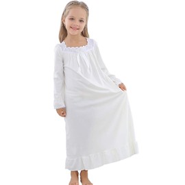 Flwydran Nightgowns for Girls, Long Vintage Soft Cotton Kid Sleepwear Nighties, Full Length Nightdress for Kids, White, 100(2-3 Years)