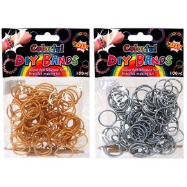 DIY Loom Rubber Bands - 100 Count Silver + 100 Count Gold Refill bands with Clips and Loom tool