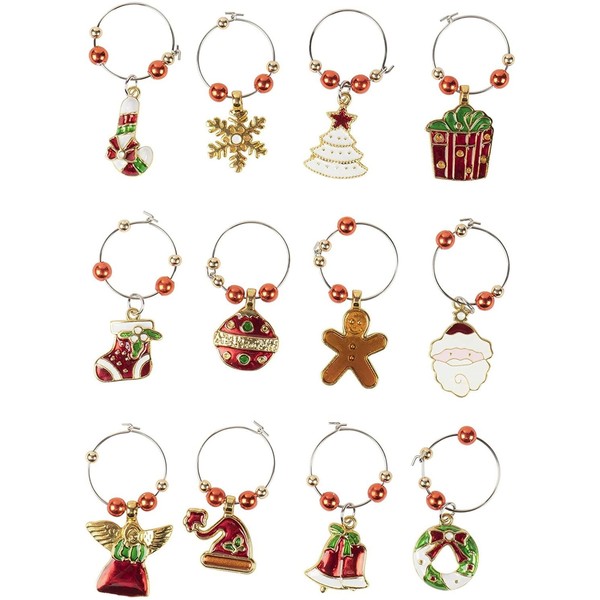 Juvale 12 Piece Christmas Wine Glass Charms, Holiday Drink Markers (2 Inches)