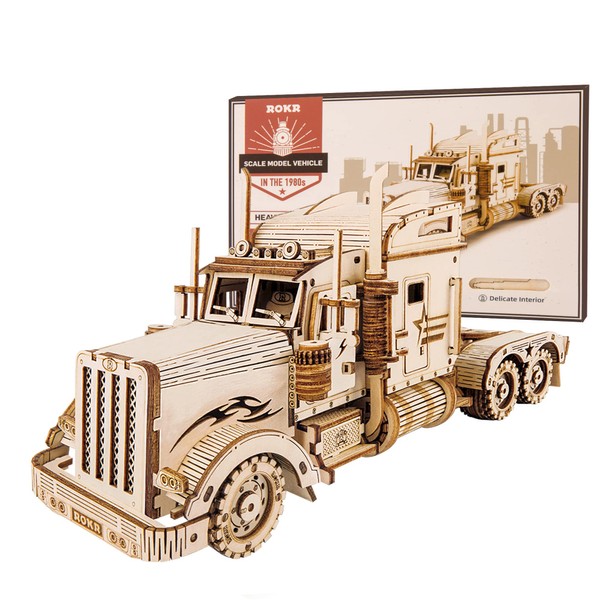 ROKR 3D Wooden Puzzle for Adults-Mechanical Car Model Kits-Brain Teaser Puzzles-Vehicle Building Kits-Unique Gift for Kids on Birthday/Christmas Day(1:40 Scale)(MC502-Heavy Truck)