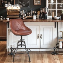 Diwhy Industrial Design Metal Adjustable Height PU Backrest Seat Chair Vintage Bar Stool Brown Leather Seat