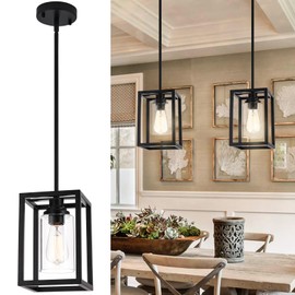 Kitchen Pendant Lighting Over Island, 1-Light Matte Black Farmhouse Pendant Light Fixtures, Rectangle Linear Metal Hanging Lighting Fixture with Clear Glass Shade for Dining Room Entryway Hallway