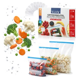 Vaily Zip Gefrierbeutel 32er Set - 1L, 3L, 6L Frischhaltebeutel zum Wiederverschließen - Großes Set zur Lebensmittelaufbewahrung und Einfrieren
