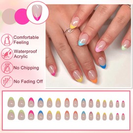 24Pcs French Tip False Nails Almond, Colourful Macarons Press on Nails Short, Elegant Spring Summer Acrylic Fake Nails with Glue Stickers, Removable Natural Stick on Nail for Women Daily Wear