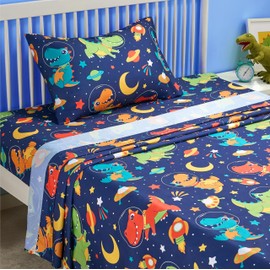 Joiedomi Kids Twin Sheet Set Space Dinosaur - 3 Piece Soft Microfiber Bed Sheets - Deep Pocket Wrinkle Free, Cozy Toddler Bedding Set, Fade Resistant Breathable for Boys Girls Teens
