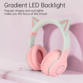 RGB Light Cat Ear Headphone, Foldable 3.5mm Wired Wireless BT Gaming Headset with Detachable Mic, Adjust Headband, Soft Over Ear Music Headset for Girls, Gifts