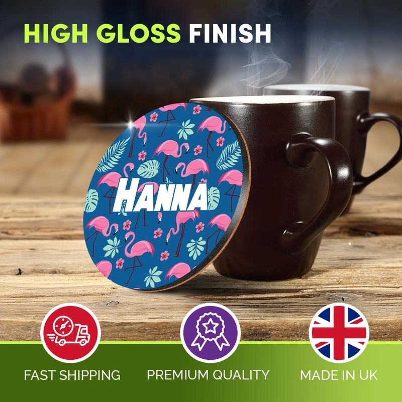 4 x Boxed Round Coasters - Name Hanna Tropic Flamingo