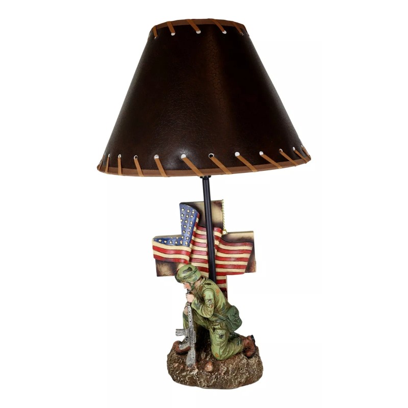 Patriotic Soldier With Rifle Kneeling By American Flag Cross Memorial