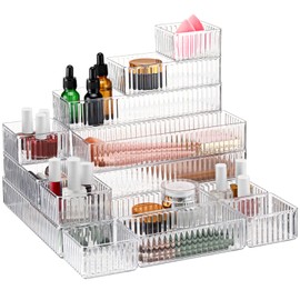 Teenyyou 18 Pcs Clear Drawer Organizer Stackable 4 Size Clear Makeup Drawer Organizer Trays Acrylic Bathroom Vanity Storage Bins for Cosmetic, Jewelries, Office Supply, Kitchen Utensils Gadgets