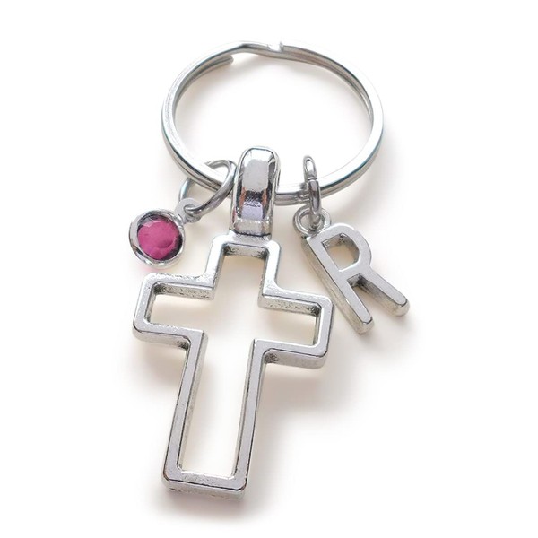 Custom Cross Keychain, Birthstone and Initial Charm Options, Faith Keychain,