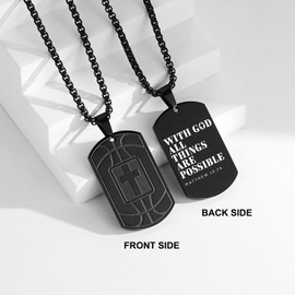 RUOOUY Basketball Cross Dog Tag Necklace for Men Boys Inspirational Bible Verse Pendant Stainless Steel Chain 22+2 inch Basketball Sports Jewelry Religious Gift for Son（With God-Black）