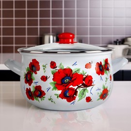STP GOODS Enameled Aluminum Pot Poppies Belly Deep Casserole Cooking Pot with Glass Lid Cookware Soup Pot (2.2-qt. (2.1 L))