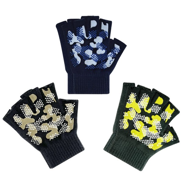 Evridwear Kids Fingerless Winter Warm Gloves,3 Pairs Half Finger Knitted Magic Stretch Gripper Touchscreen Glove for Boys Girls(Camo)