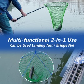 QualyQualy Foldable Pier Fishing Net with Carbon Fiber Telescoping Handle, Landing Net with Saltwater-Proof Stainless Steel Ring & Reinforced Poly Mesh for Kayak, Bridge Fishing with 49.2ft Rope