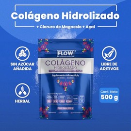 Colágeno Hidrolizado con Cloruro de Magnesio y Acaí - Extracto en Polvo de 500g - Suplemento Alimenticio - Sin Azúcar ni Lácteos - Flow Supplements