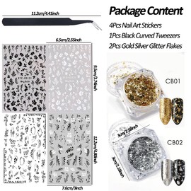 White Black Floral Leaf Nail Stickers Decals 3D Self-Adhesive Flower Stickers Gold Silver Glitter Flakes Holographic Irregular Aluminum Foils Paillette for DIY Nail Art Decorations Accessories