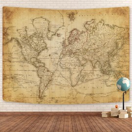 GOAOK Old World Map Tapestry, Vintage World Map Geographical Distribution Tapestry Wall Hanging, Brown Historical Atlas Educational World Map Poster Classroom Large Tapestry Office Decor 90x70