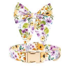 Dog Collar with Bow Bowtie for Dogs Floral Sailor Bow Tie Adjustable Breakaway Purple Collars Accessories Birthday Gift for Small Medium Large XL Puppy with Golden Metal Buckle