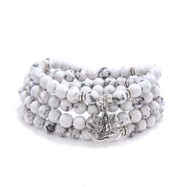 Versatile 108 Stone Bead Mala Necklace with Yoga Charm - Wearable as Bracelet (Howlite)