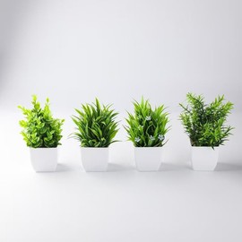 Meinature Artificial Plants, 4 Pack Small Faux Plants in White Pots for Home Decor (Green)