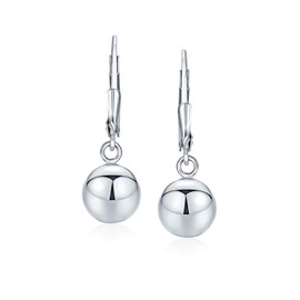 Simple Basic Dangling Lever back Round Bead Ball Drop Earrings For Women .925 Sterling Silver 8MM