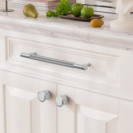 FURNIWARE 10 Pack Brushed Satin Nickel Knurled Cabinet Knobs, 25mm Single Hole Handle, Silver Kitchen Cupboard Pulls, Modern Door Knobs for Drawer Dresser, Wardrobe