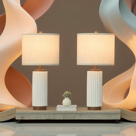 HGNPJC 25" White Ceramic Table Lamp Set of 2-3-Way Dimmable Nightstand Lamps with Linen Shade, Farmhouse Bedside Lamps for Bedroom, Living Room, Entryway (White)