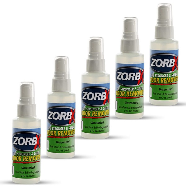 ZORBX Unscented Mini Odor Eliminator Spray – Used in Hospitals & Healthcare Facilities | Advanced Trusted Formula | Tag Along, Lightweight and Travel-Friendly Odor Remover - 2 Oz Each [Pack of 5]