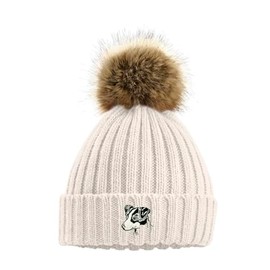 The House Of Dog: Jack Russell Owner Gift. Faux Fur Pom Pom Chunky Knit Super Soft Unisex Embroidered Beanie Hat Oatmeal