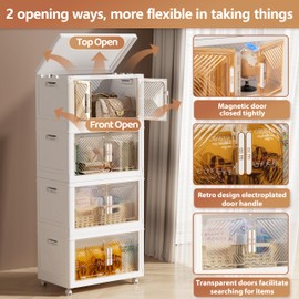 pioncrey Storage Bins with Lid 76QT, Stackable Storage Containers with Wheels and Magnetic Doors, Plastic Clothes Closet Organizers and Storage Box for Pantry, Home and Office (4 Pack)