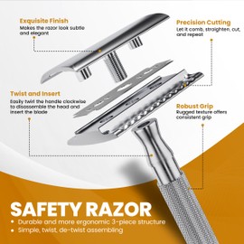 Utopia Care Double Edge Safety Razor for Men & Women with 10 Premium Stainless Steel Blade Refills, Reusable Single Blade Razor, Silver