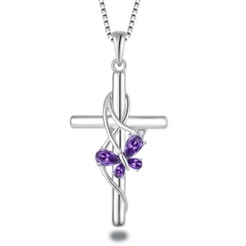 YIFSIY Cross Necklace 925 Sterling Silver Butterfly Pendant February Birthstone Amethyst Jewelry Gifts Necklace for Women