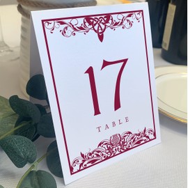 Scottish Thistle Wedding Table Numbers (Select Color/Quantity), White, Burgundy, 1-75, Double Sided, Tent or Use in a Stand, Great for Parties & Restaurants