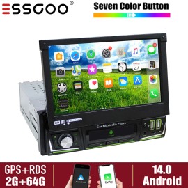 ESSGOO 7" Flip Out Stereo Car Radio Single 1 Din Touch Screen Android14 CarPlay GPS 64G