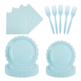 96PCS Blue Paper Plates and Napkins, 24 Guest Light Blue Disposable Tableware Set Include Scalloped Paper Plates Napkins and Forks Decoration Party Supplies for Baby Shower Wedding Birthday