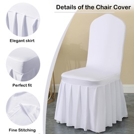 Qubjus 6 Pack Stretch Spandex Dining Chair Covers with Skirt – Washable & Fitted Slipcovers for Dining Room Chairs, Weddings, Home, Hotel Decor – White