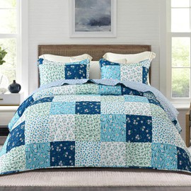 Whale Flotilla Reversible Patchwork Quilts Full Queen Size, Lightweight Boho Printed Bedspreads Coverlets Quilt Bedding Set with 2 Pillow Shams for All Seasons, Blue