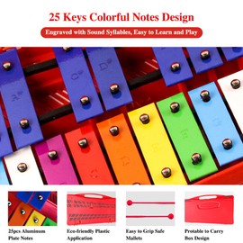 Eavnbaek Glockenspiel Xylophone for Kids, Professional Percussion Instrument with Hard Case and Safe Mallets, for Student Beginners, Music Teaching and Gifts (Red)